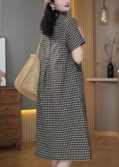 Dress Summer Peter Mid Collar Simple Plaid Pan Linen Grey FashionChic