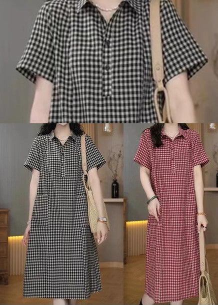 Simple Peter Plaid Summer Mid Pan Linen Collar Dress Grey FashionChic