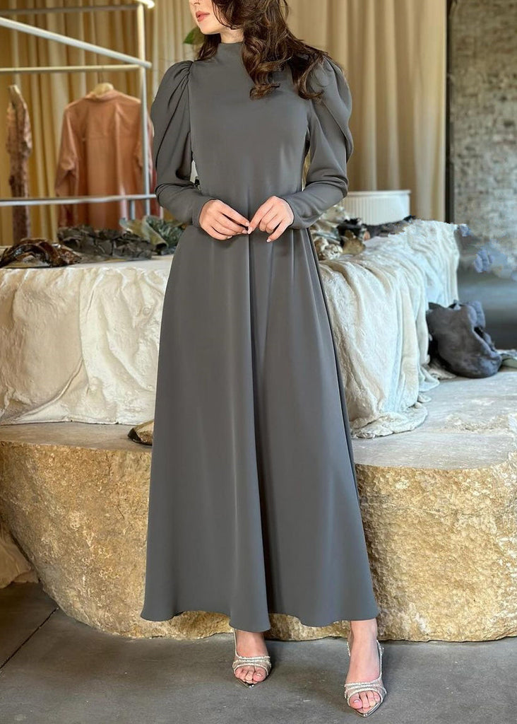 Simple Grey Solid High Waist Cotton Long Dresses Fall QL013 OM-ZS241023