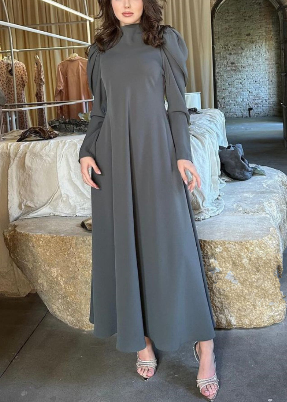 Simple Grey Solid High Waist Cotton Long Dresses Fall QL013 OM-ZS241023