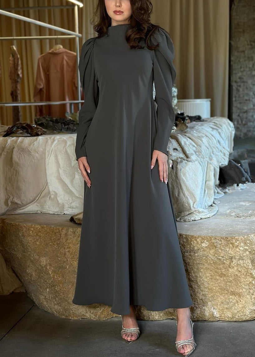 Simple Grey Solid High Waist Cotton Long Dresses Fall QL013 OM-ZS241023
