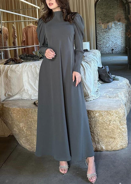 Simple Grey Solid High Waist Cotton Long Dresses Fall QL013 OM-ZS241023