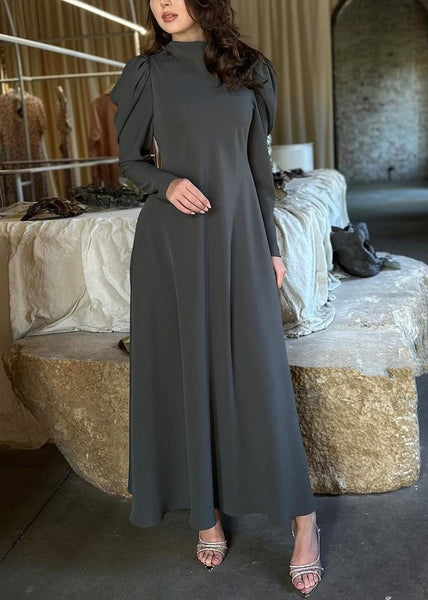 Simple Grey Solid High Waist Cotton Long Dresses Fall QL013 OM-ZS241023