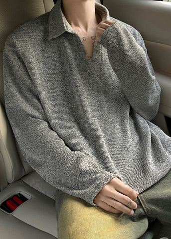 Grey Spring Simple Men Solid Shirt Cotton Polo Loose FashionChic