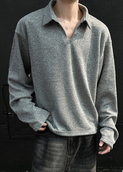 Grey Spring Simple Men Solid Shirt Cotton Polo Loose FashionChic