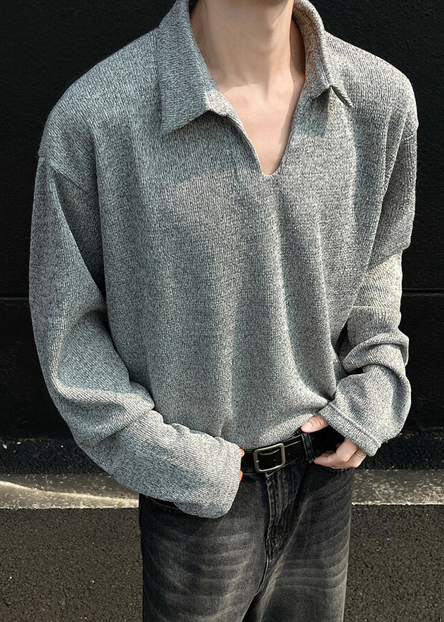 Grey Spring Simple Men Solid Shirt Cotton Polo Loose FashionChic