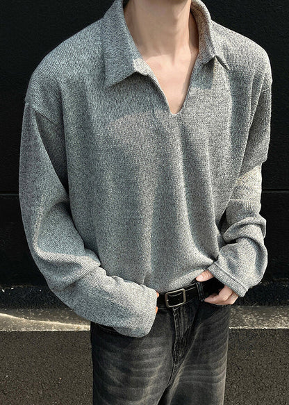 Grey Spring Simple Men Solid Shirt Cotton Polo Loose FashionChic