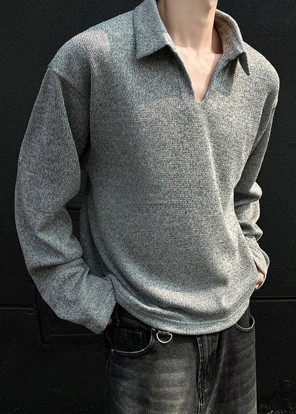 Grey Spring Simple Men Solid Shirt Cotton Polo Loose FashionChic