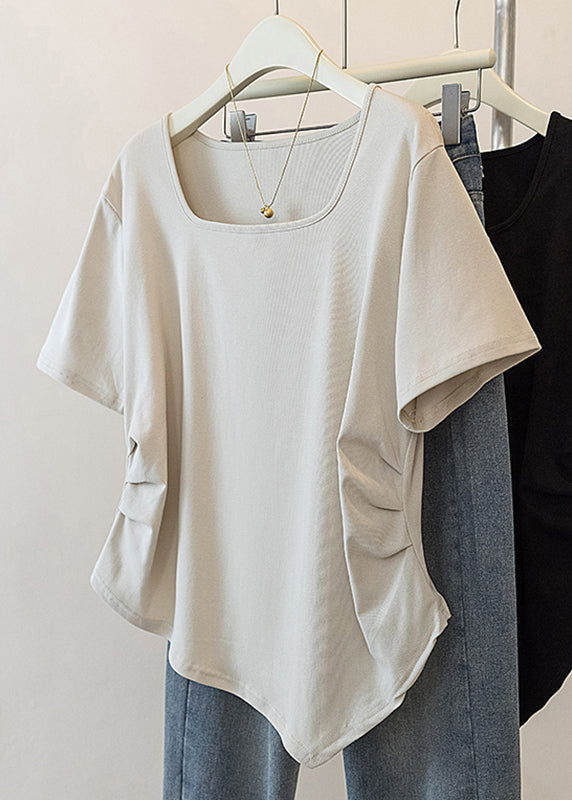 Simple Grey Square Collar Asymmetrical Patchwork Top Short Sleeve QB015 HS-STP241025