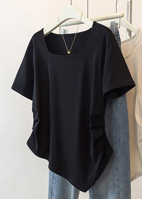 Simple Grey Square Collar Asymmetrical Patchwork Top Short Sleeve QB015 HS-STP241025