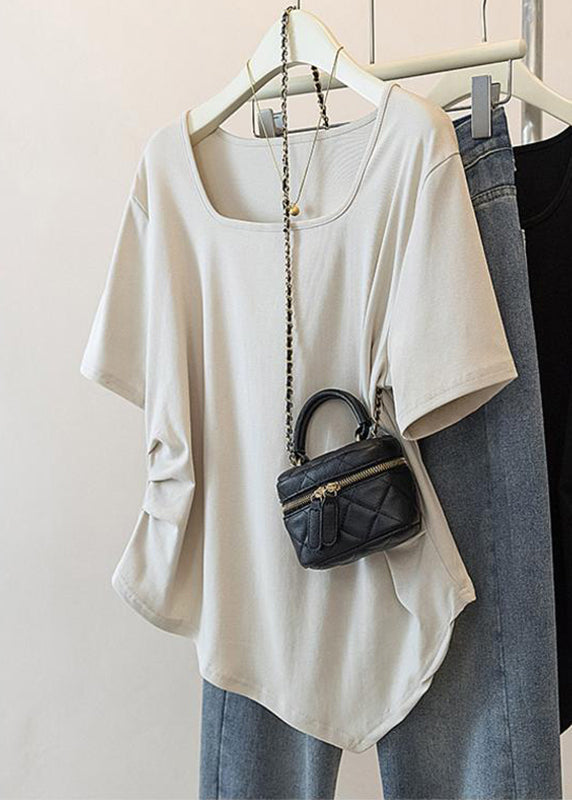 Simple Grey Square Collar Asymmetrical Patchwork Top Short Sleeve QB015 HS-STP241025