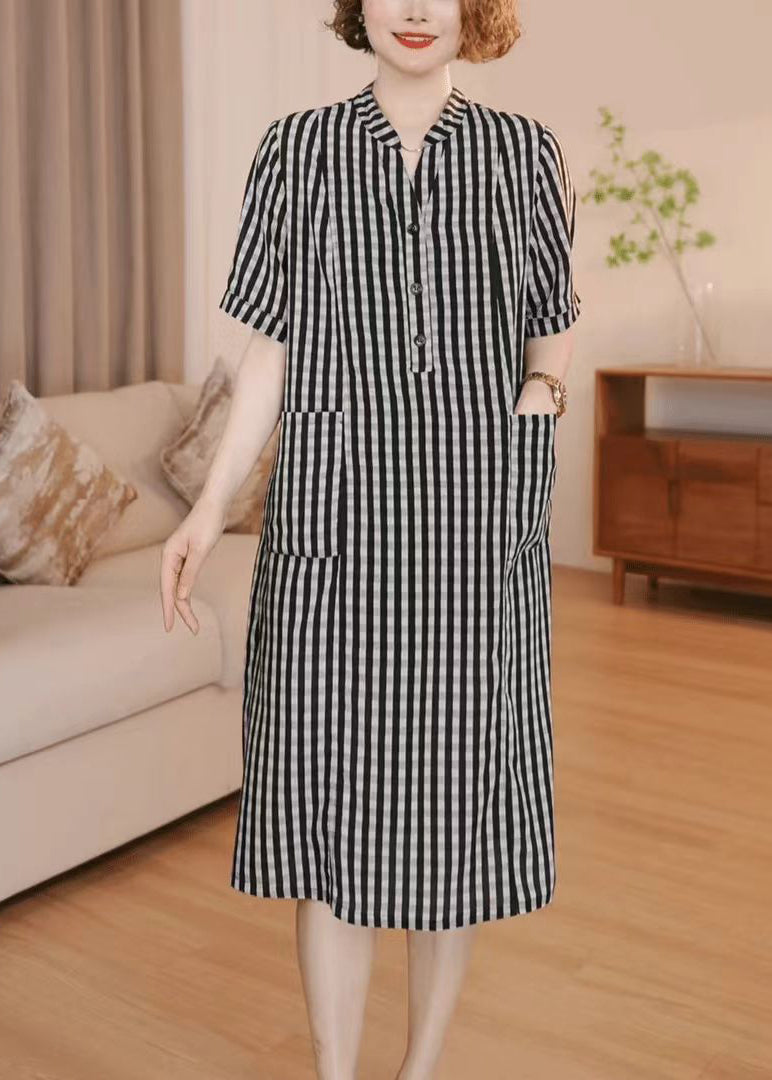 Striped Grey Cotton Simple Pockets Summer Dress Tea FashionChic