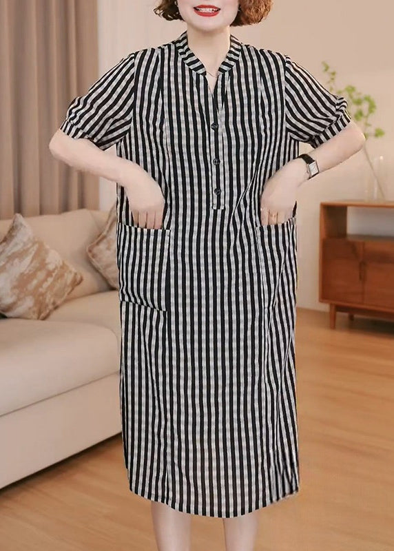 Striped Grey Cotton Simple Pockets Summer Dress Tea FashionChic