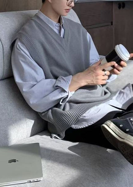 Simple Grey V Neck Cozy Knit Mens Vest Sleeveless RJ026 ABC