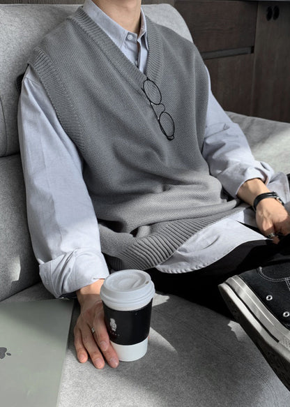 Simple Grey V Neck Cozy Knit Mens Vest Sleeveless RJ026 ABC