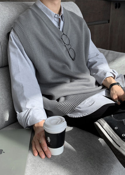 Simple Grey V Neck Cozy Knit Mens Vest Sleeveless RJ026 ABC