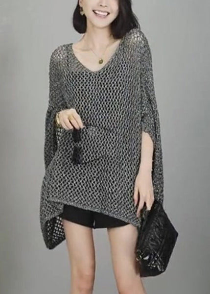 Neck Hollow Shirts V T Simple Out Knit Grey Sleeve Batwing FashionChic
