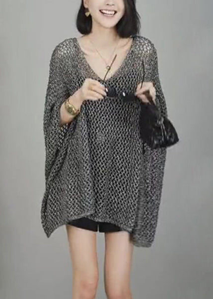 Neck Hollow Shirts V T Simple Out Knit Grey Sleeve Batwing FashionChic