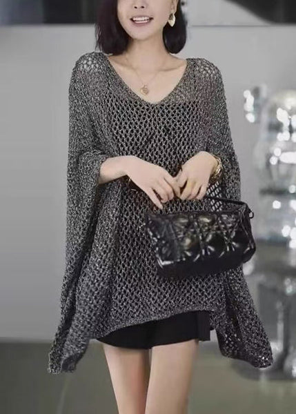 Neck Hollow Shirts V T Simple Out Knit Grey Sleeve Batwing FashionChic