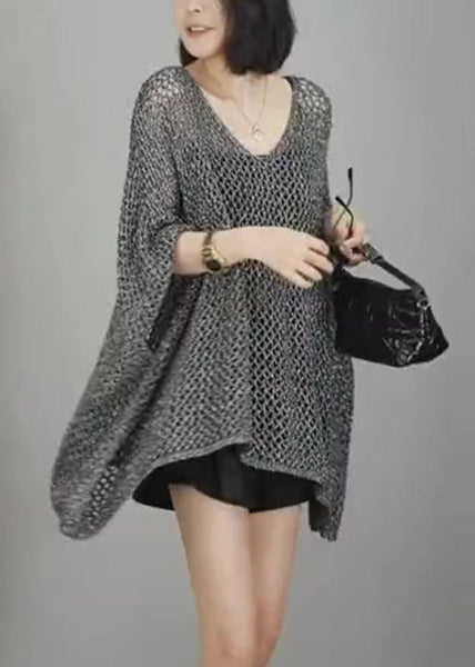 Neck Hollow Shirts V T Simple Out Knit Grey Sleeve Batwing FashionChic