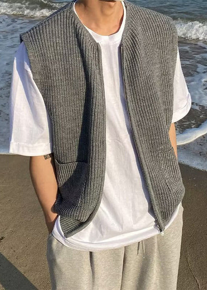 Simple Grey Zip Up Pockets Solid Knit Men Waistcoat Sleeveless RJ032 ABC