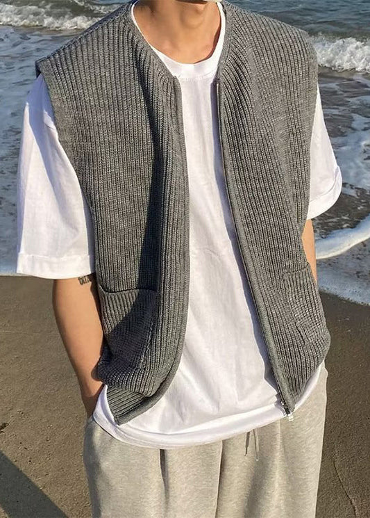 Simple Grey Zip Up Pockets Solid Knit Men Waistcoat Sleeveless RJ032 ABC