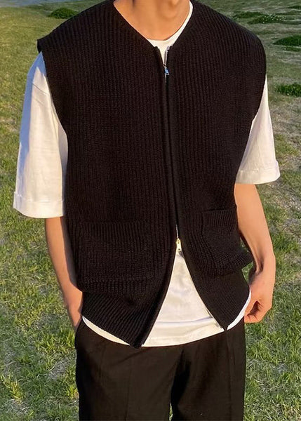 Simple Grey Zip Up Pockets Solid Knit Men Waistcoat Sleeveless RJ032 ABC
