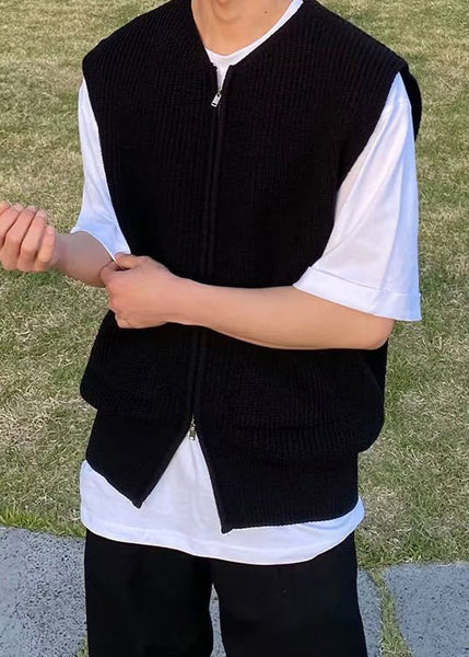 Simple Grey Zip Up Pockets Solid Knit Men Waistcoat Sleeveless RJ032 ABC