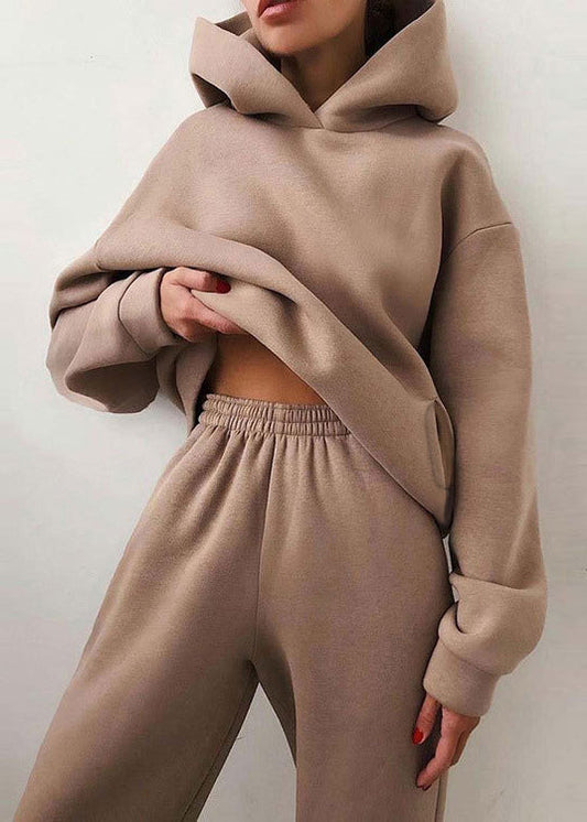 Two Waist Khaki Cotton Spring Hooded Elastic Set Simple Piece FashionChic