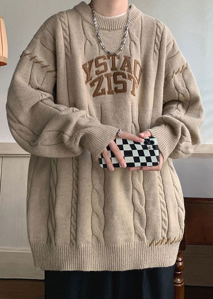 Simple Khaki O Neck Letter Cotton Knit Mens Sweaters Winter QF031 MENSW241016