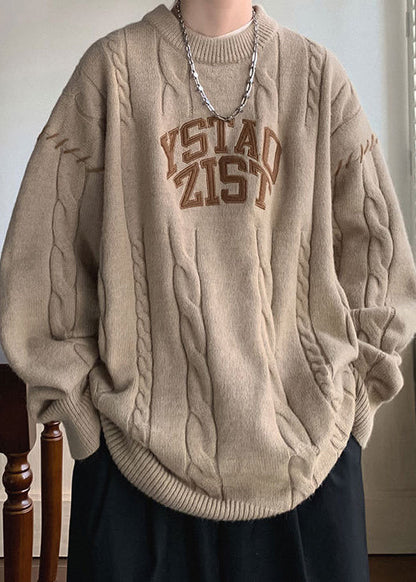 Simple Khaki O Neck Letter Cotton Knit Mens Sweaters Winter QF031 MENSW241016
