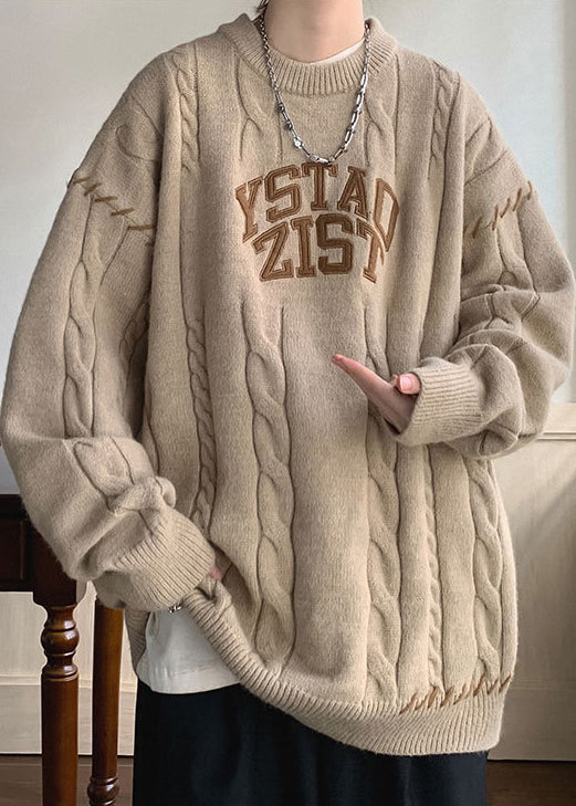 Simple Khaki O Neck Letter Cotton Knit Mens Sweaters Winter QF031 MENSW241016