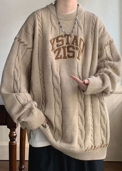 Simple Khaki O Neck Letter Cotton Knit Mens Sweaters Winter QF031 MENSW241016