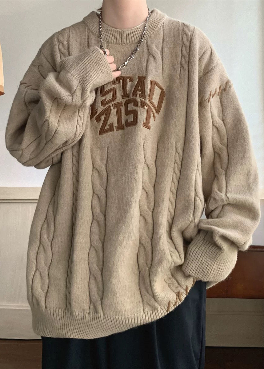 Simple Khaki O Neck Letter Cotton Knit Mens Sweaters Winter QF031 MENSW241016