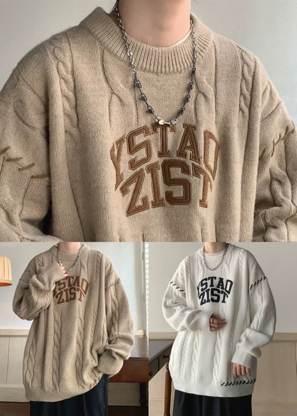 Simple Khaki O Neck Letter Cotton Knit Mens Sweaters Winter QF031 MENSW241016