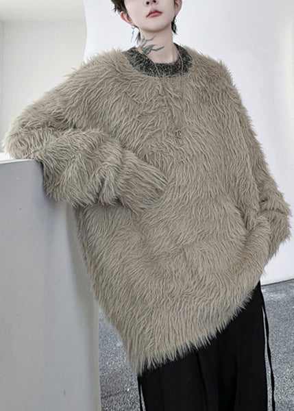 Simple Khaki O Neck Solid Mink Velvet Men Sweaters Winter RC021 ABC