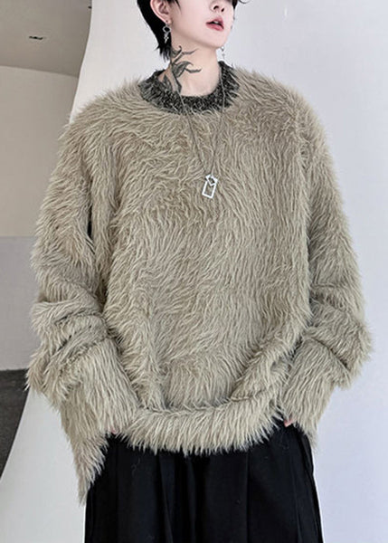 Simple Khaki O Neck Solid Mink Velvet Men Sweaters Winter RC021 ABC