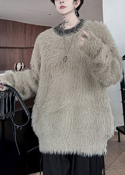 Simple Khaki O Neck Solid Mink Velvet Men Sweaters Winter RC021 ABC