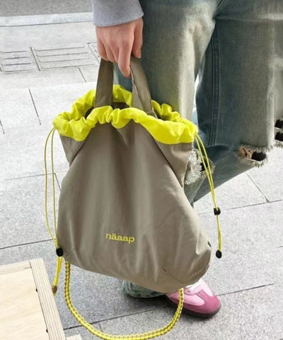 Simple Khaki Patchwork Drawstring Canvas Satchel Handbag MM032 Bag-BGS240620