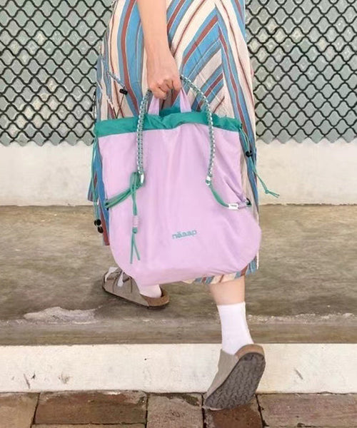 Simple Khaki Patchwork Drawstring Canvas Satchel Handbag MM032 Bag-BGS240620