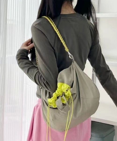 Simple Khaki Patchwork Drawstring Canvas Satchel Handbag MM032 Bag-BGS240620