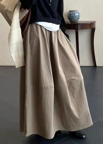 Waist Simple Fall Elastic Pockets Skirts Khaki Cotton FashionChic