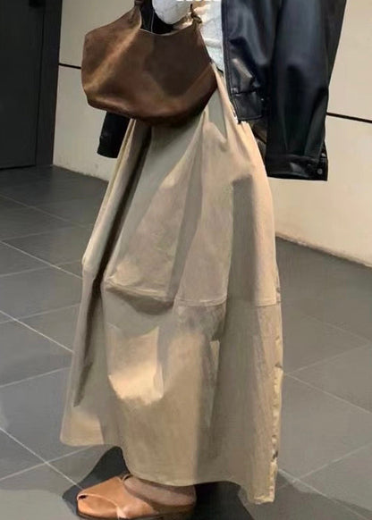 Waist Simple Fall Elastic Pockets Skirts Khaki Cotton FashionChic