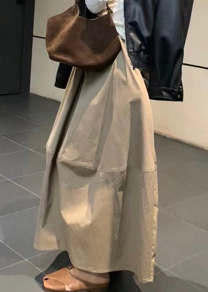 Waist Simple Fall Elastic Pockets Skirts Khaki Cotton FashionChic