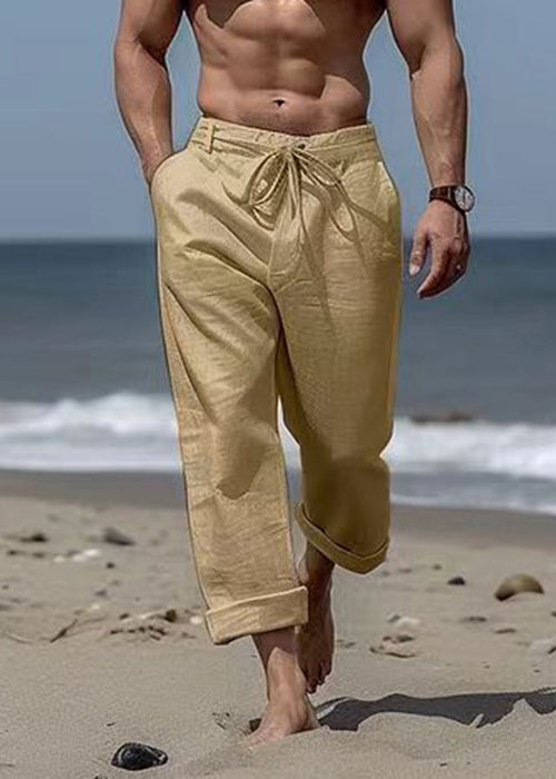 Khaki Pants Simple Summer Cotton Elastic Mens Pockets Waist Solid FashionChic