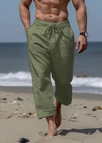 Khaki Pants Simple Summer Cotton Elastic Mens Pockets Waist Solid FashionChic
