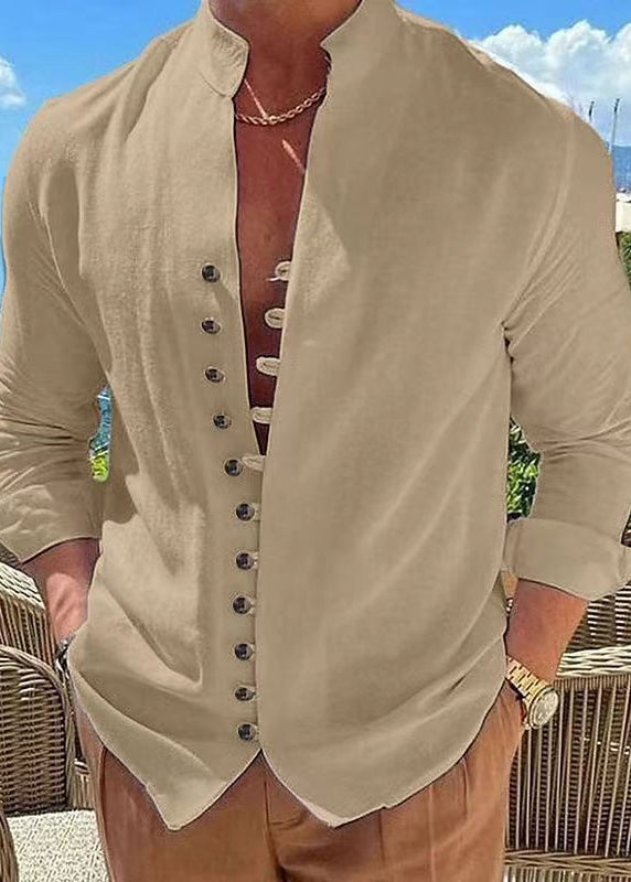 Simple Khaki Fall Cotton Button Solid Men's Shirts Collar Stand FashionChic