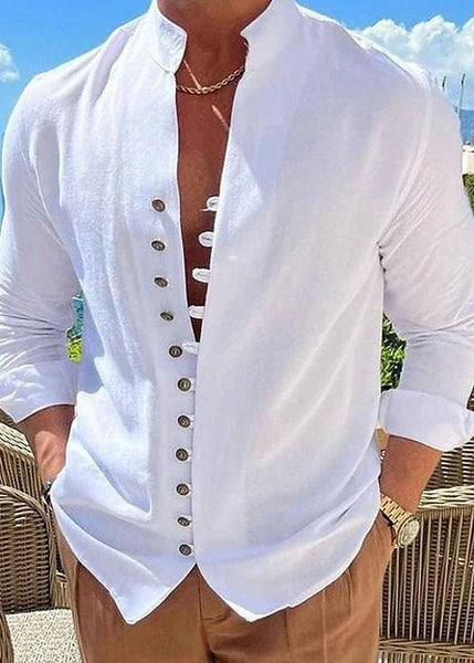 Simple Khaki Fall Cotton Button Solid Men's Shirts Collar Stand FashionChic