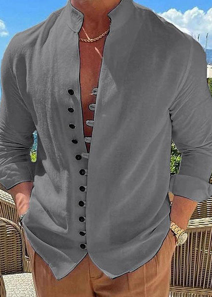 Simple Khaki Fall Cotton Button Solid Men's Shirts Collar Stand FashionChic