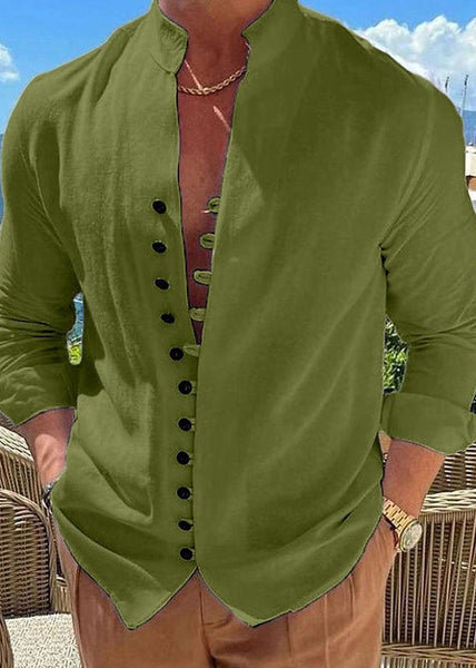 Simple Khaki Fall Cotton Button Solid Men's Shirts Collar Stand FashionChic